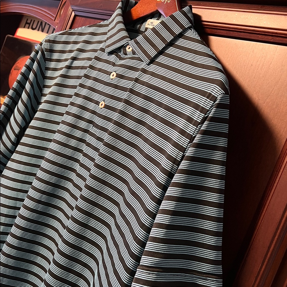 Like New Peter Millar Blue & Black Classic Striped Stretch Lightweight Golf Polo